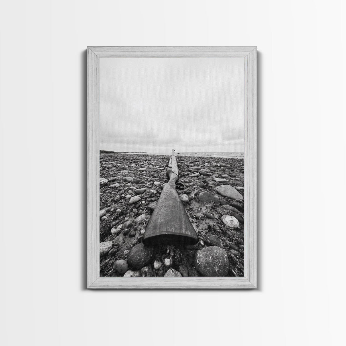 Rifle on Pebbles, Rustic Coastal, Survivalist Aesthetic, Canvas Print, Cabin Wall Art, Masculine Decor, Nature Minimalist Style