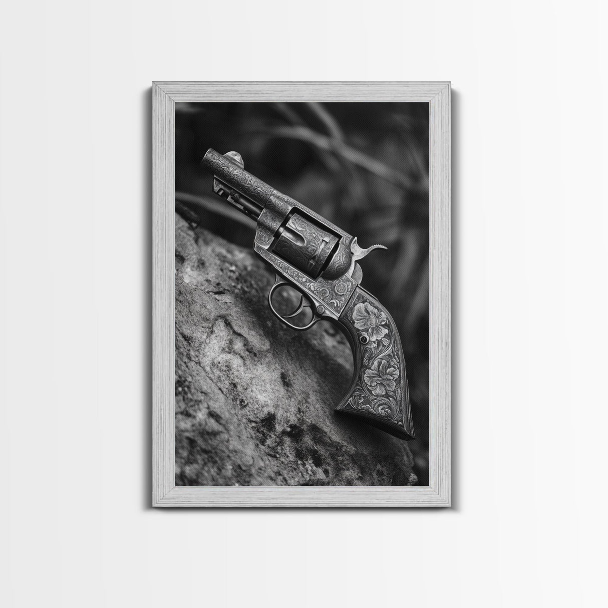 Floral Engraved Revolver, Vintage Western Gun, Cowboy Detail Shot, Canvas Print, Man Cave Art, Rustic Americana Wall Style