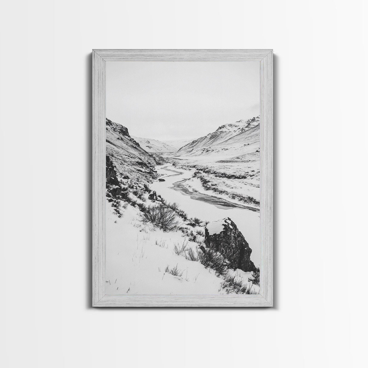 Snowy Canyon, Winter Valley, Frozen Landscape, Framed Canvas Print, Minimalist Wall Art, Neutral Living Room or Office Decor