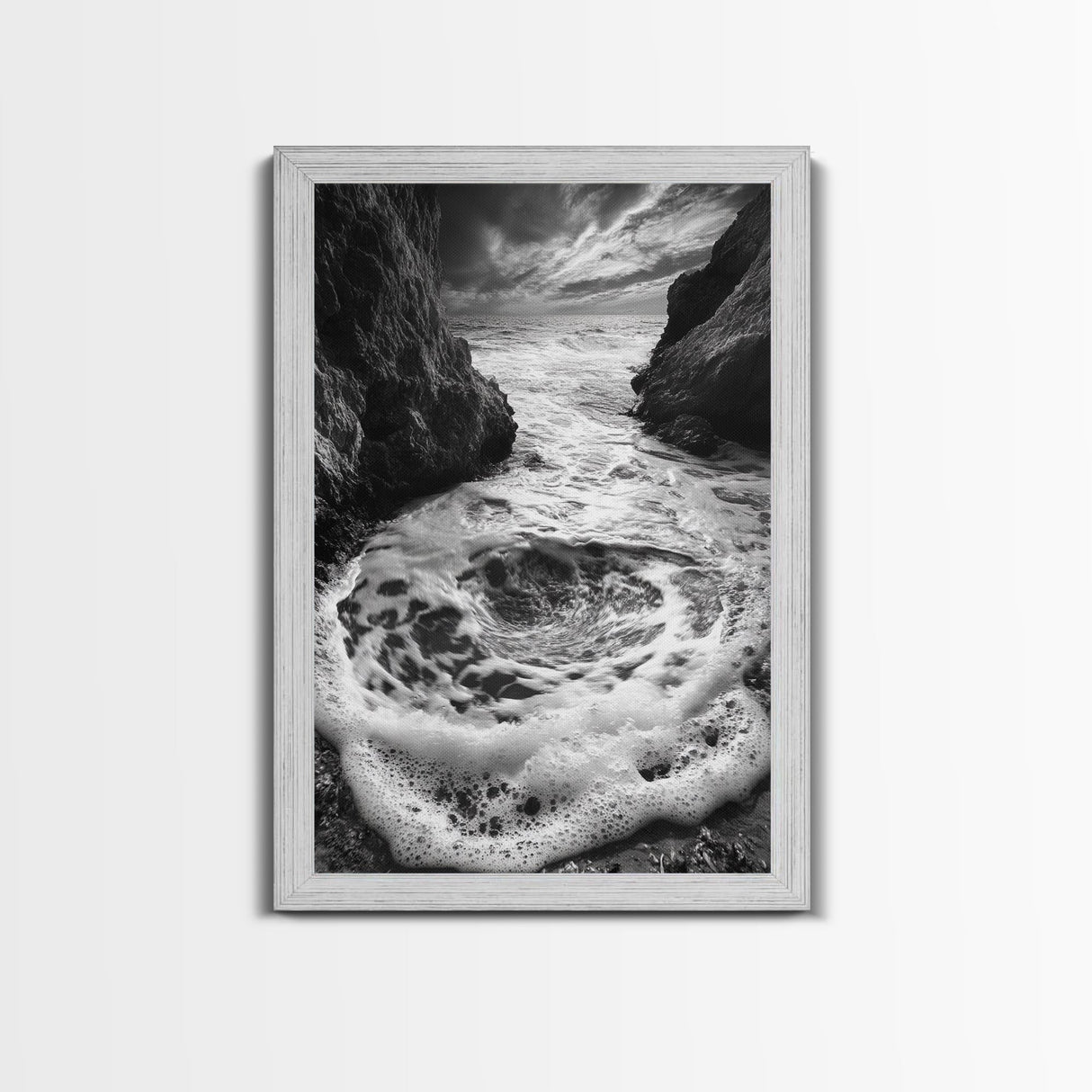 Sea Whirlpool, Dramatic Ocean, Coastal Rocks, Nature Motion, Framed Canvas Print, Bathroom Art, Modern Seaside Wall Decor