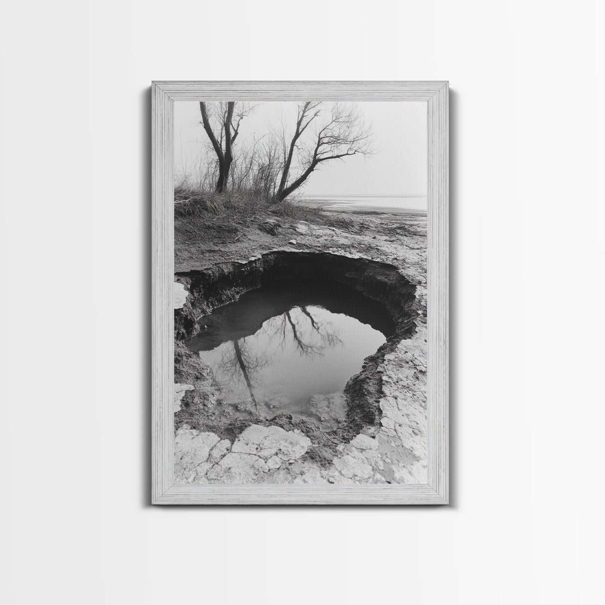 Reflected Trees Pool, Black White Nature, Moody Autumn Wall Art, Rustic Minimalist Style, Framed Canvas Print, Entryway Home Decor
