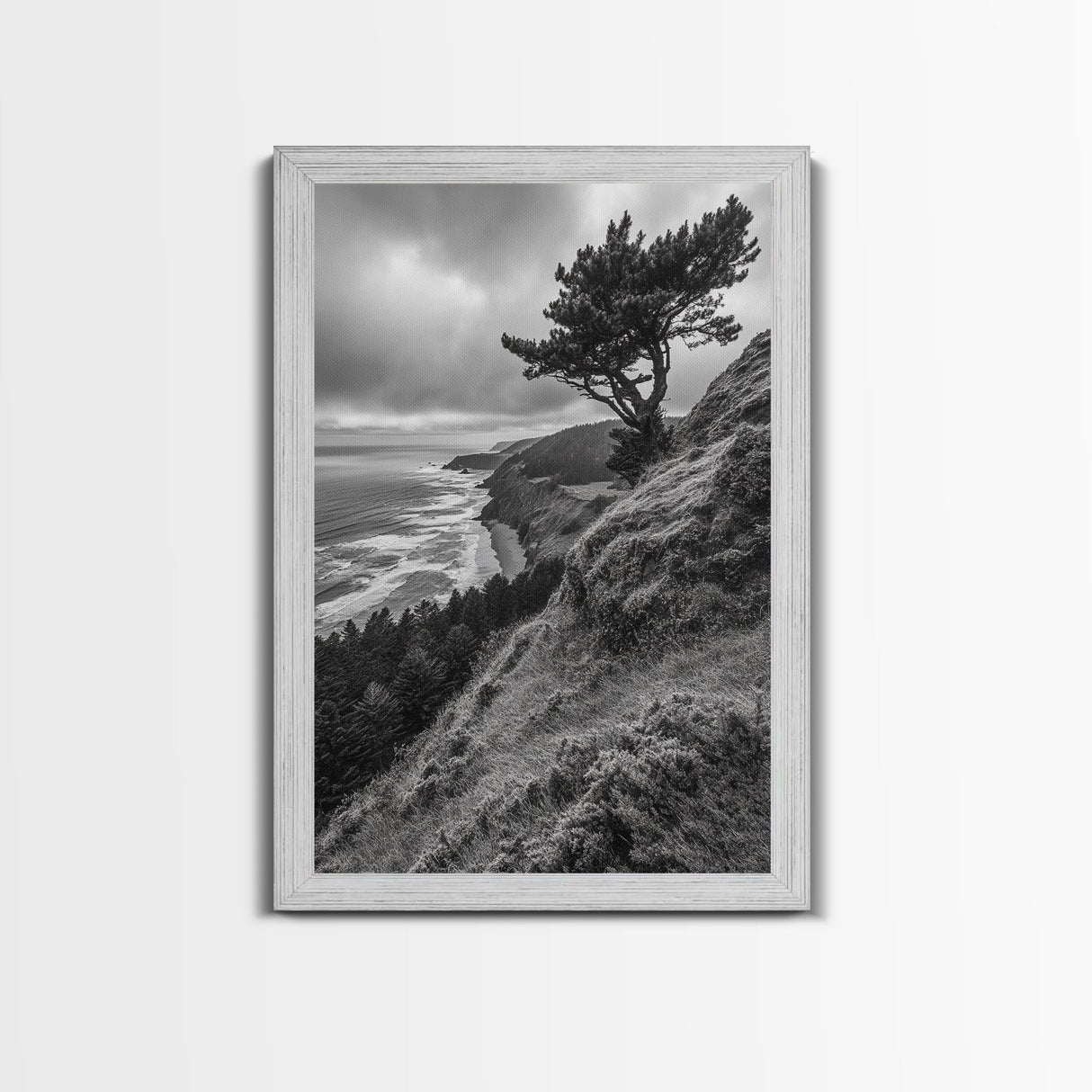 Lone Tree, Ocean Bluff, Windy Coastline, Canvas Print, Coastal Landscape Wall Art, Moody Nature Decor, Minimalist Vibe, Coastal Wall Art