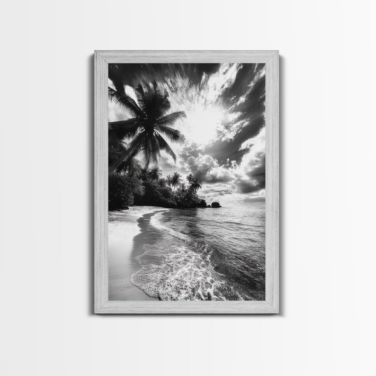 Tropical Sunset Beach, Palms and Waves, Cloudy Skies, Island Vibes, Framed Canvas Print, Coastal Wall Art, Beach House Decor