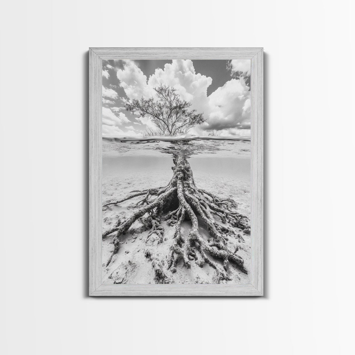 Half Underwater Tree, Split View Nature, Aquatic Roots, Stormy Skies, Framed Canvas Print, Coastal Wall Art, Unique Nature Photography