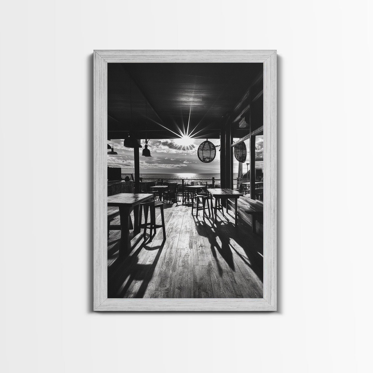 Ocean, Deck, Sunset, Rays - Golden hour beach bar shadows, Canvas Print, perfect dining room or kitchen wall art, rustic coastal decor