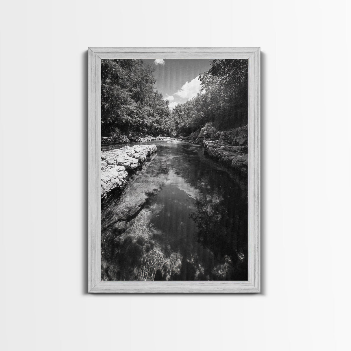 River Reflection, Nature Calm, Forest Stream, Canvas Print, Black and White Landscape Wall Art, Rustic Bathroom Decor, Tranquil Home Vibe