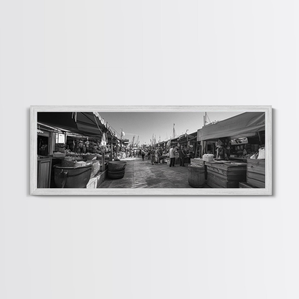 Mediterranean Market Scene, Travel Wall Decor, Rustic Street View, Framed Canvas Print, Kitchen Wall Art, Black and White Photography