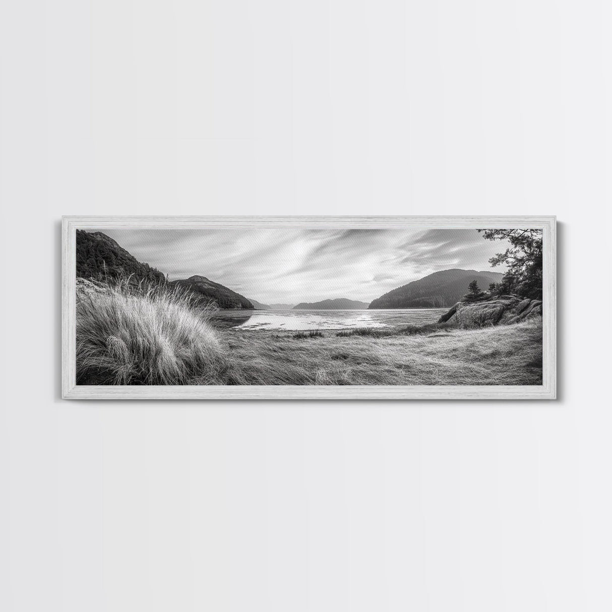 Mountain Lake Calm, Tranquil Nature Reflection, Forest Valley Art, Framed Canvas Print, Minimalist Wall Decor, Serene Landscape Print