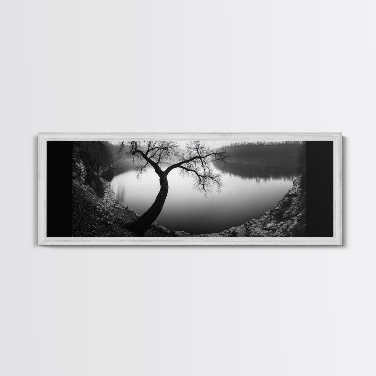 Curved Tree, Still Lake, Moody Landscape, Framed Canvas Print, Modern Nature Photography, Fall Home Decor, Living Room Art