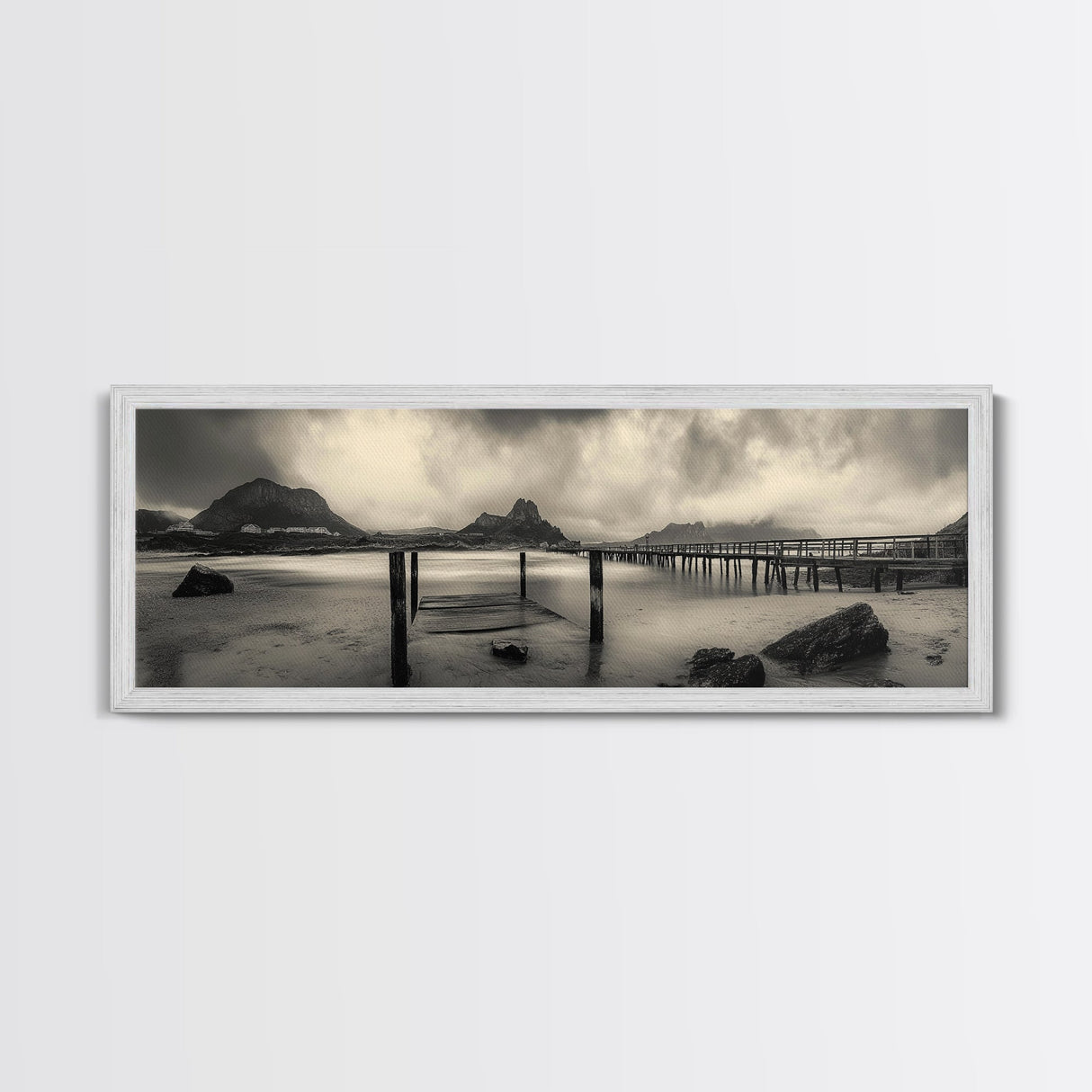 Dockside Calm, Stormy Shore, Ocean Jetty, Framed Canvas Print, Moody Coastal Wall Art, Living Room Art, Rustic Lakehouse Decor