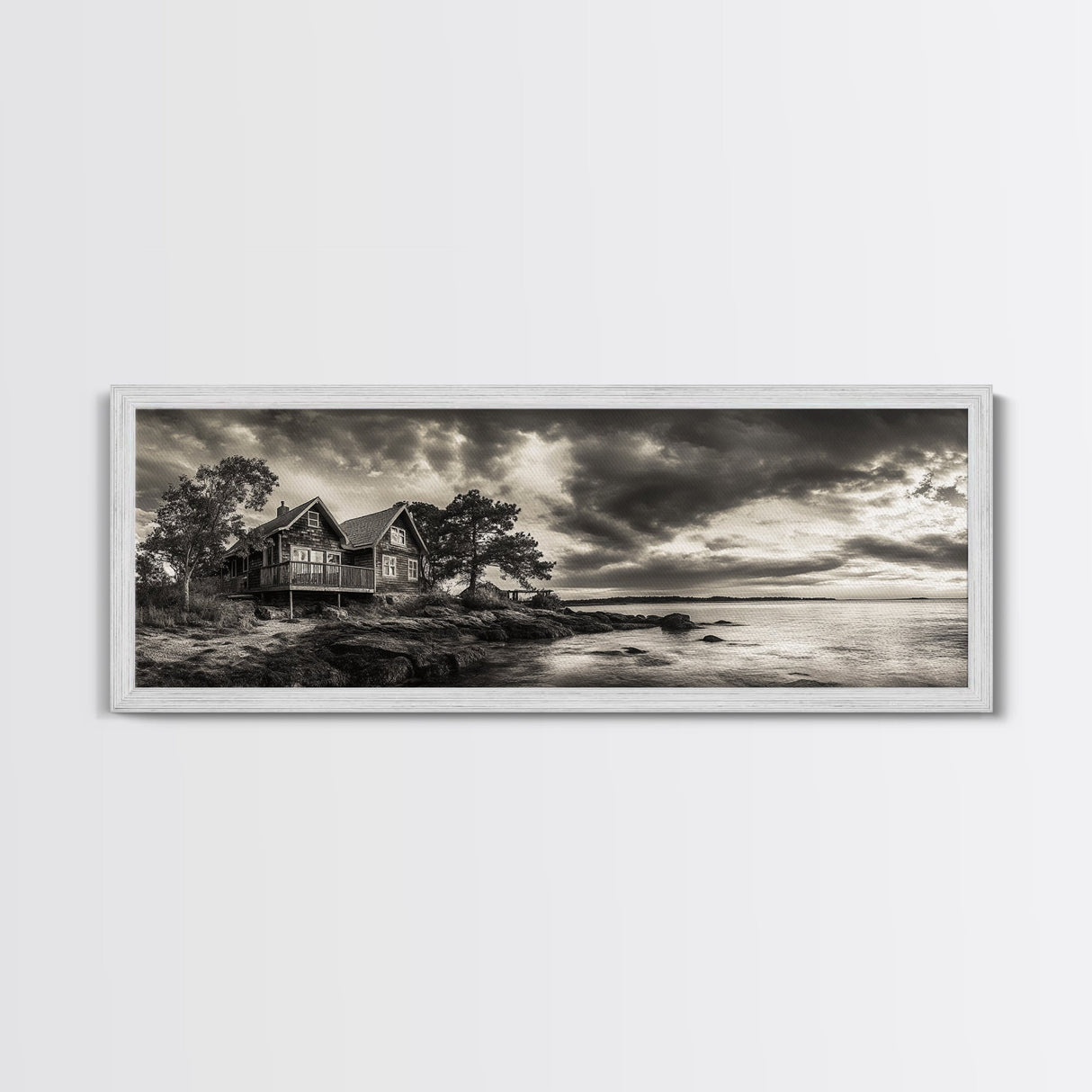 Lakeside Cabin, Stormy Sky, Rustic Escape, Framed Canvas Print, Cabin Wall Art, Lake House Decor, Autumn Living Room Art, Cozy Lodge Style