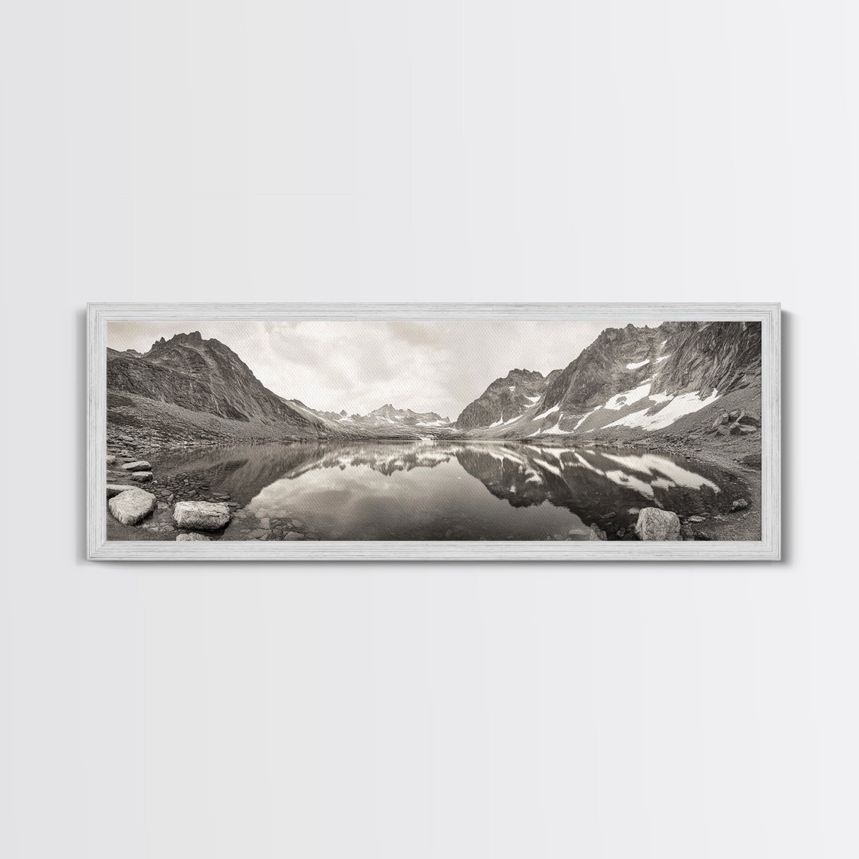 Alpine Reflection, Snowy Peaks, Tranquil Water, Framed Canvas Print, Nature Photography, Minimalist Wall Art, Bedroom or Office Decor