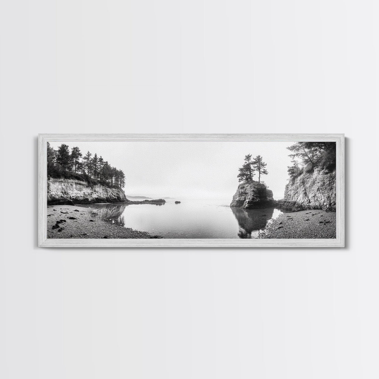 Forest Cove, Serene Shoreline, Calm Reflections, Canvas Print, peaceful nature wall art, neutral tones decor, minimalist bathroom artwork