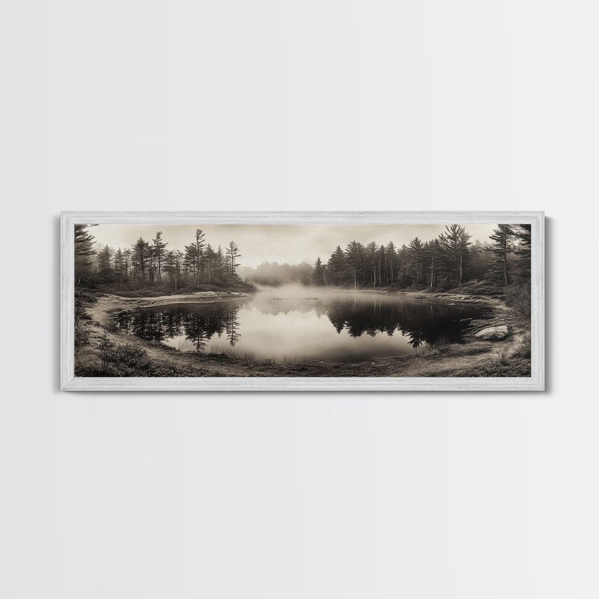 Misty Forest, Autumn Lake, Fog Reflections, Framed Canvas Print, cozy cabin decor, woodland living room art, rustic Fall photography