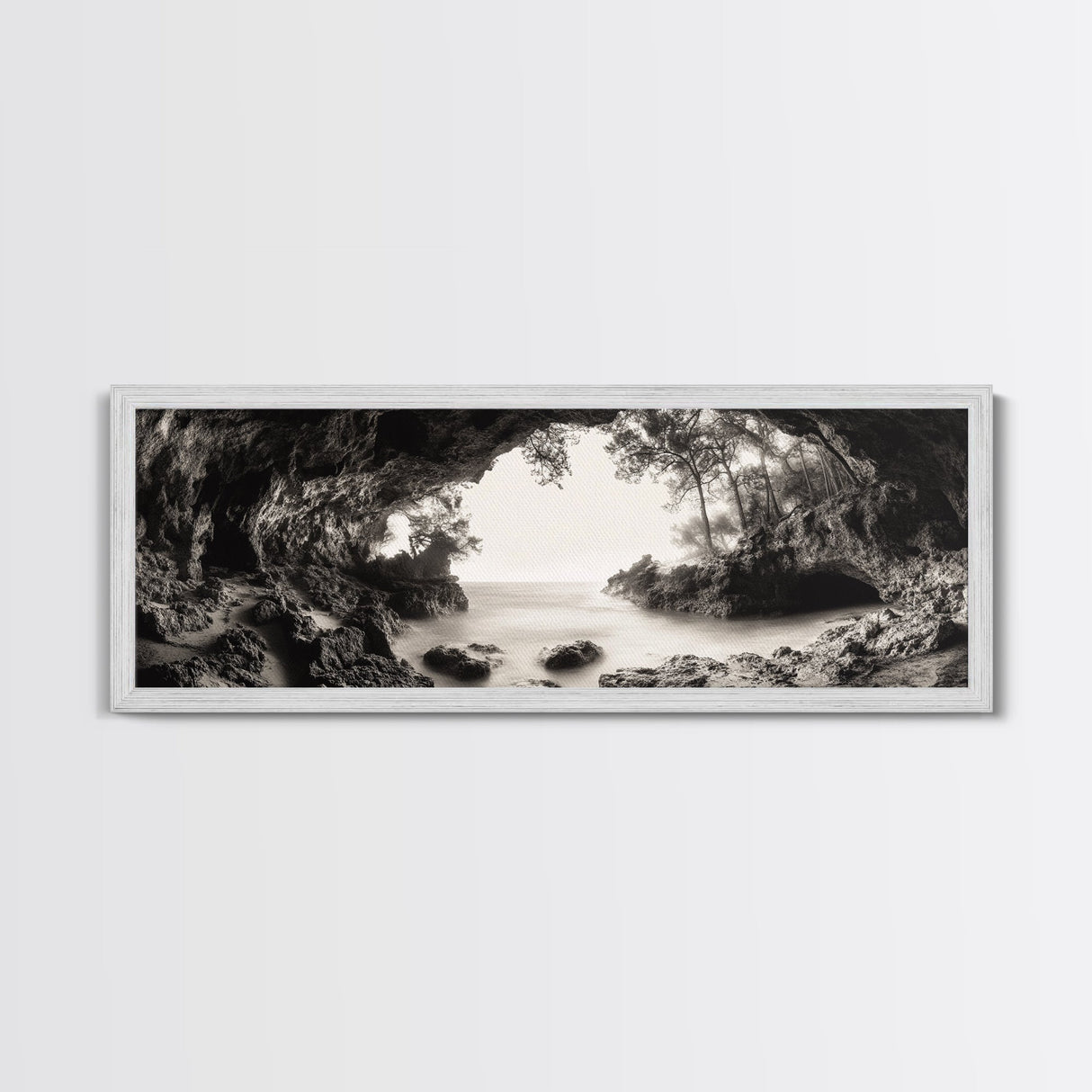 Ocean Cave, Coastal Trees, Natural Light, Canvas Print, tranquil coastal wall art, bedroom boho decor, dreamy nature scene artwork