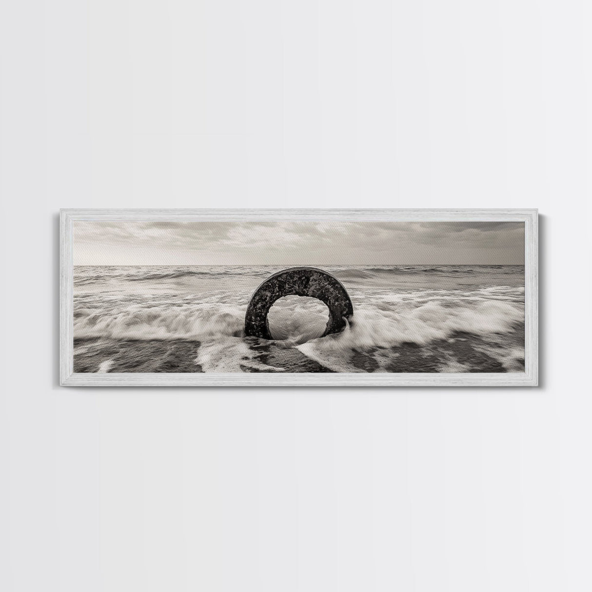 Ocean Ring, Waves Crashing, Sea Sculpture, Framed Canvas Print, unique beach photography, industrial coastal wall art, modern bathroom decor