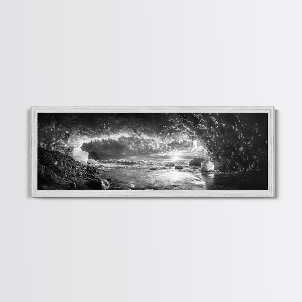 Ice Cave, Winter Seascape, Arctic Sunset, Canvas Print, dramatic frozen landscape art, black and white Christmas decor, cozy winter home art