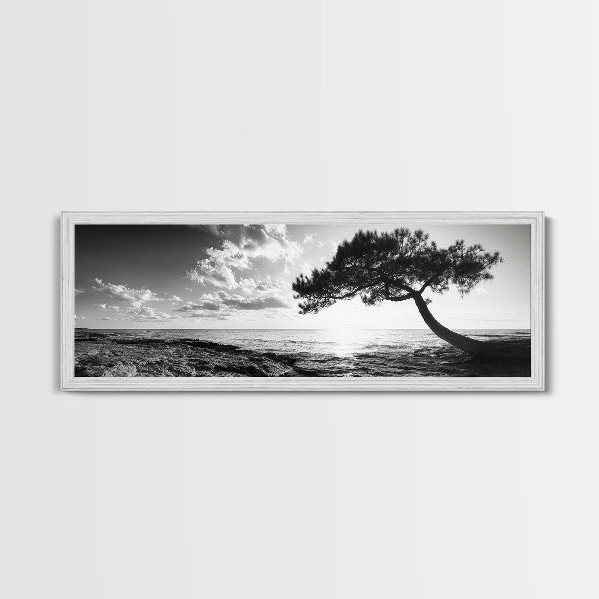 Lone Tree, Coastal Sunset, Ocean Horizon, Framed Canvas Print, Tranquil Landscape Art, Meditation Room Wall Art, Nature Zen Decor
