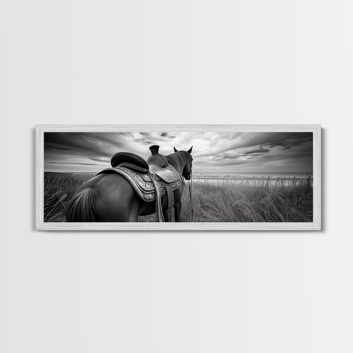 Western Horse Beach, Saddle Detail Horizon, Equestrian Art, Framed Canvas Print, Farmhouse Wall Art, Cowboy Country Decor