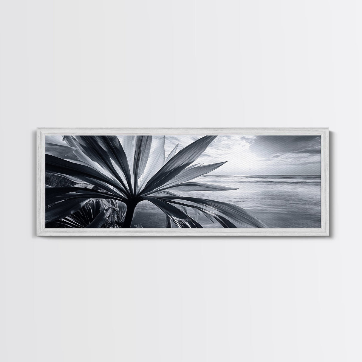 Tropical Leaf Closeup, Ocean Horizon Sunset, Botanical Beach, Framed Canvas Print, Kitchen Wall Art, Coastal Jungle Decor, Rustic Lakehouse Decor