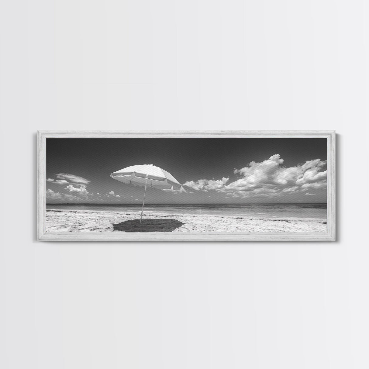 Beach Umbrella, Sunny Sky, Ocean Escape, Seaside Shade, Framed Canvas Print, Summer Wall Art, Bathroom Decor, Minimalist Coastal Style