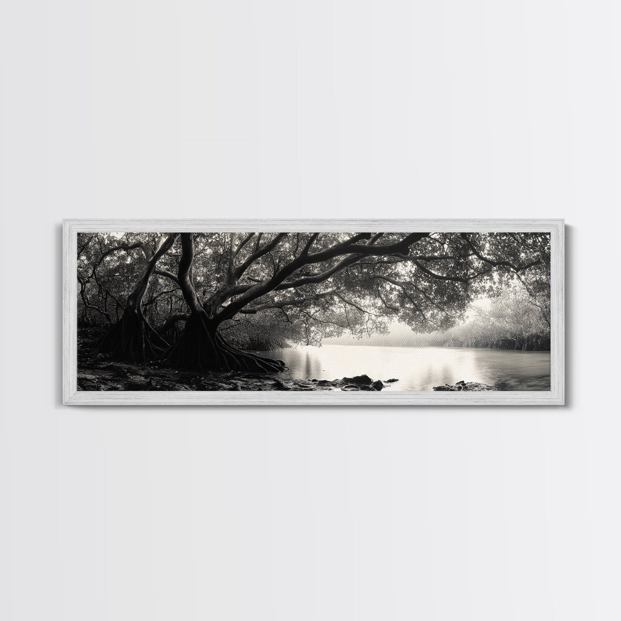 Mangrove Forest, River Flow, Rooted Stillness, Canvas Print, Zen Office Decor, Moody Jungle Art, Monochrome Nature Print