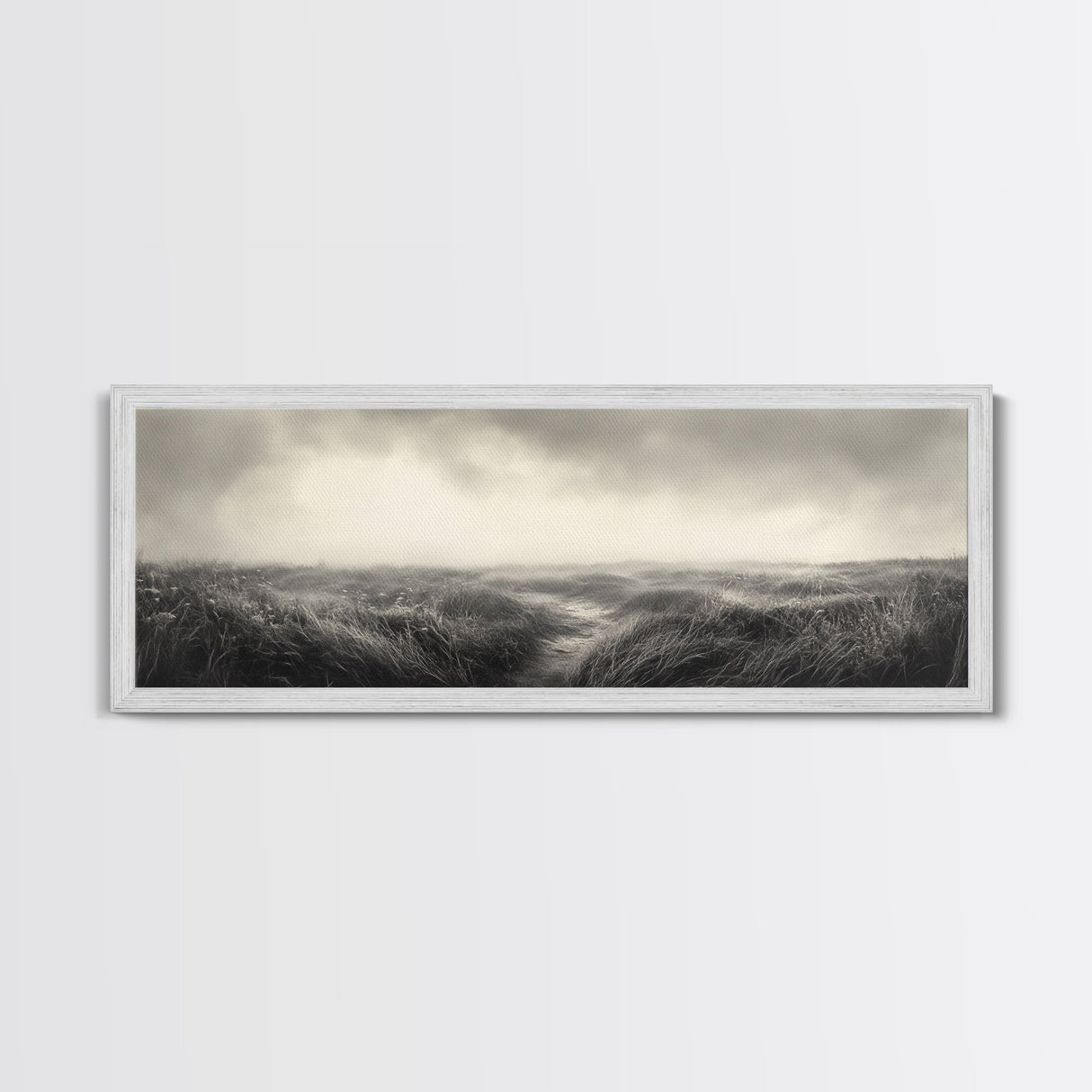 Foggy Path, Coastal Field, Silent Morning, Canvas Print, Neutral Bedroom Art, Scandinavian Style, Minimal Fall Wall Decor