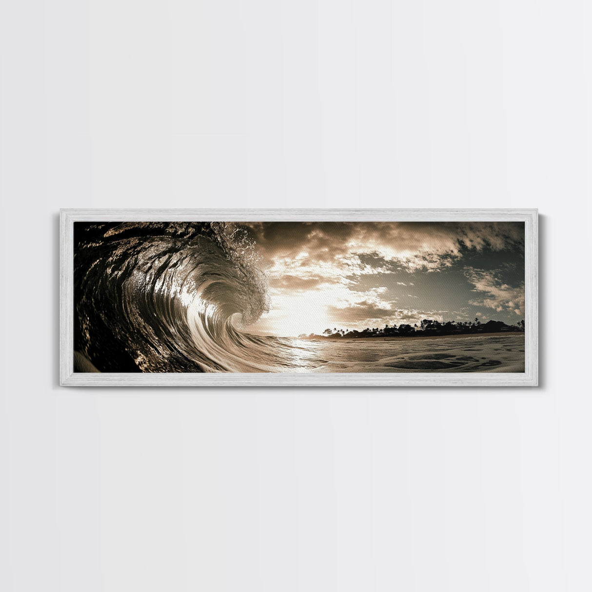 Ocean Wave Curl, Coastal Sunset, Seaside Wall Art, Framed Canvas Print, Surfer Vibes, Modern Beach Decor, Living Room Statement Piece