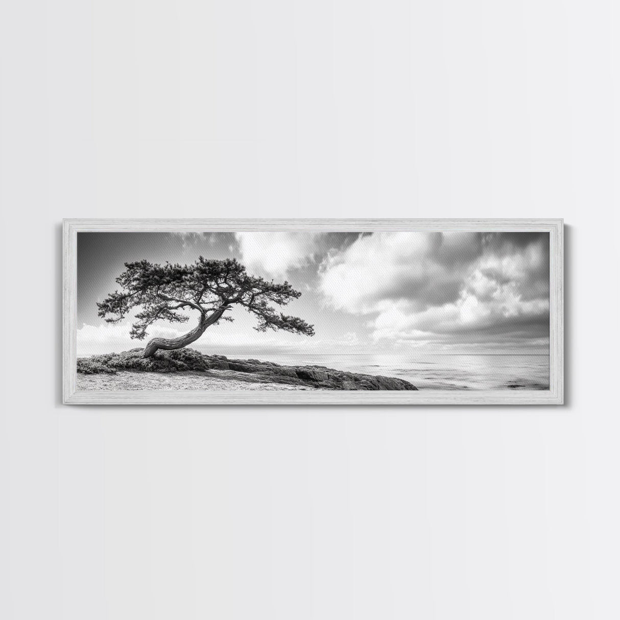 Windswept Tree, Coastal Nature, Ocean Cliff View, Framed Canvas Print, Zen Wall Art, Minimalist Decor, Calm Living Room Accent