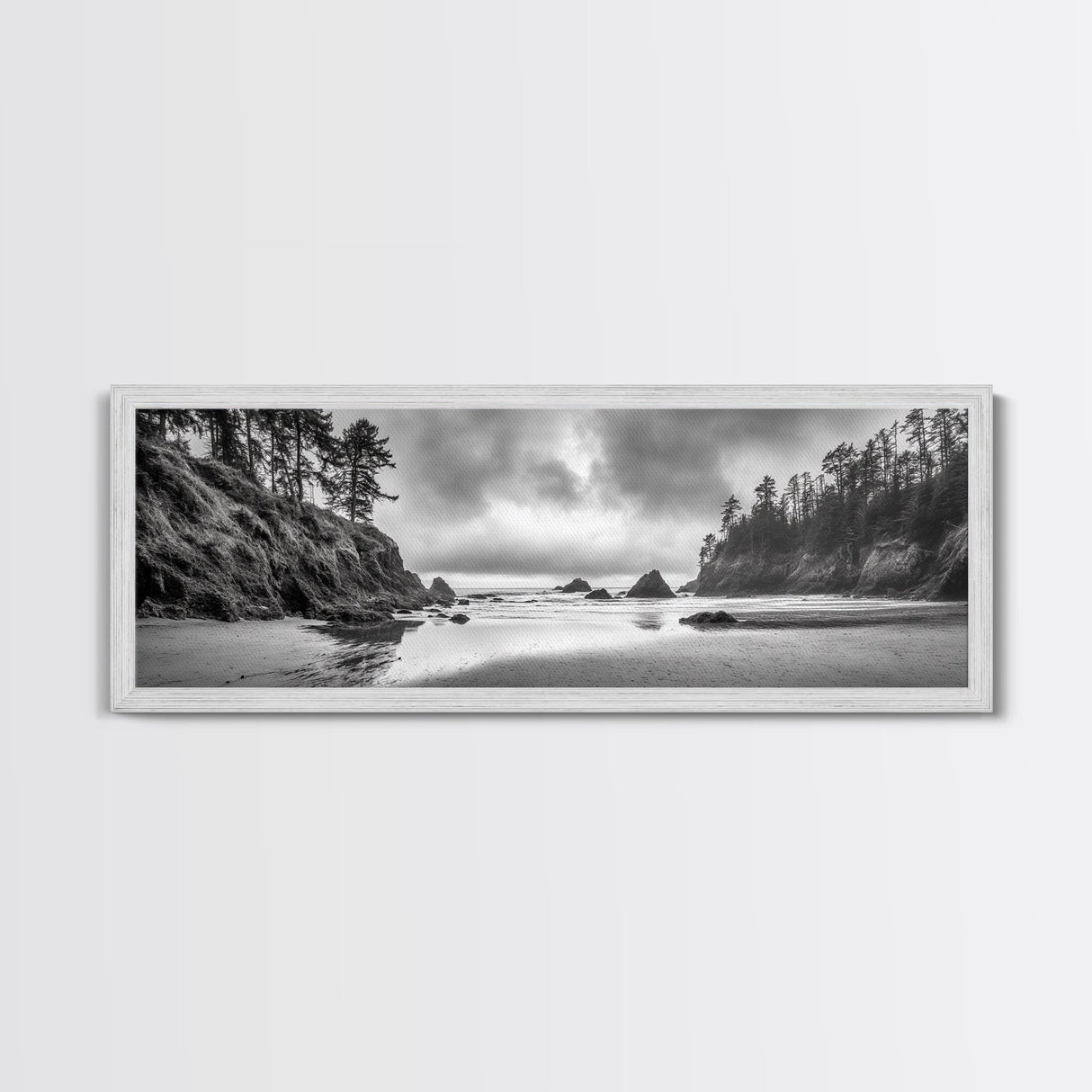 Misty Coastline, Dramatic Shore, Moody Ocean Scene, Framed Canvas Print, Coastal Living Room Art, Black and White Nature Decor