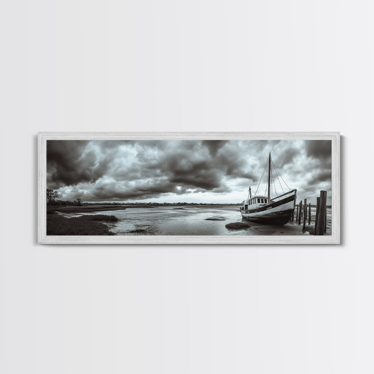 Abandoned Fishing Boat, Coastal Storm Scene, Rustic Nautical Decor, Framed Canvas Print, Beach House Art, Autumn Decor, Moody Wall Print
