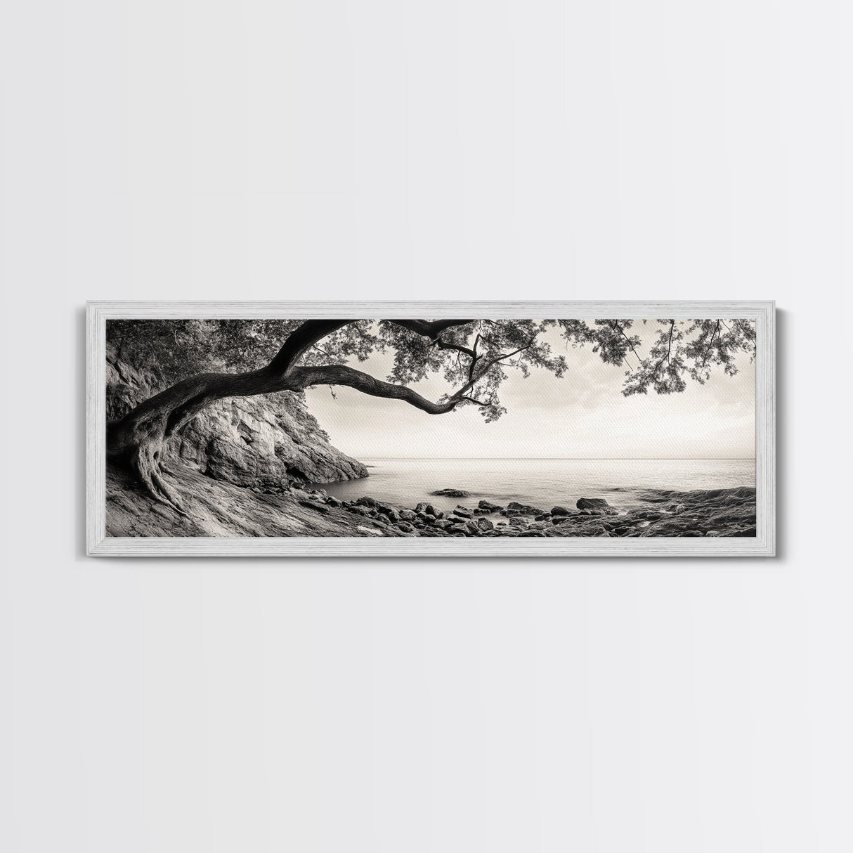 Tree By The Sea, Ocean Cliff, Black And White Nature, Framed Canvas Print, Coastal Wall Decor, Minimalist Art, Tranquil Bedroom Print