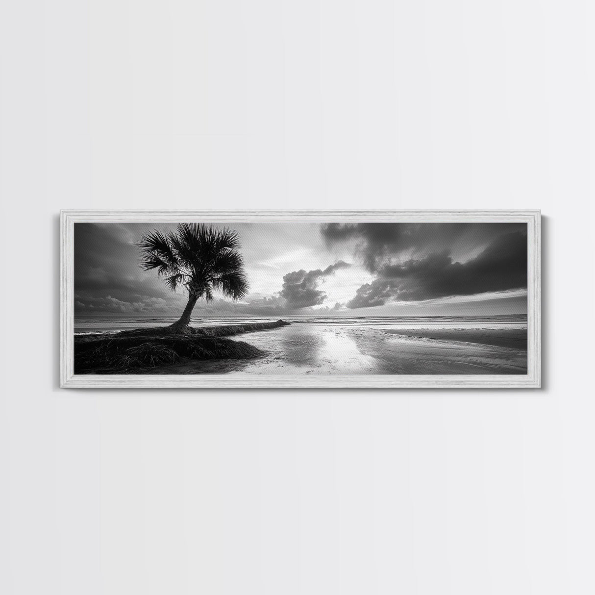 Solitary Palm Tree, Ocean Storm, Moody Landscape, Beach Wall Decor, Framed Canvas Print, Coastal Living Room Art, Monochrome Photography
