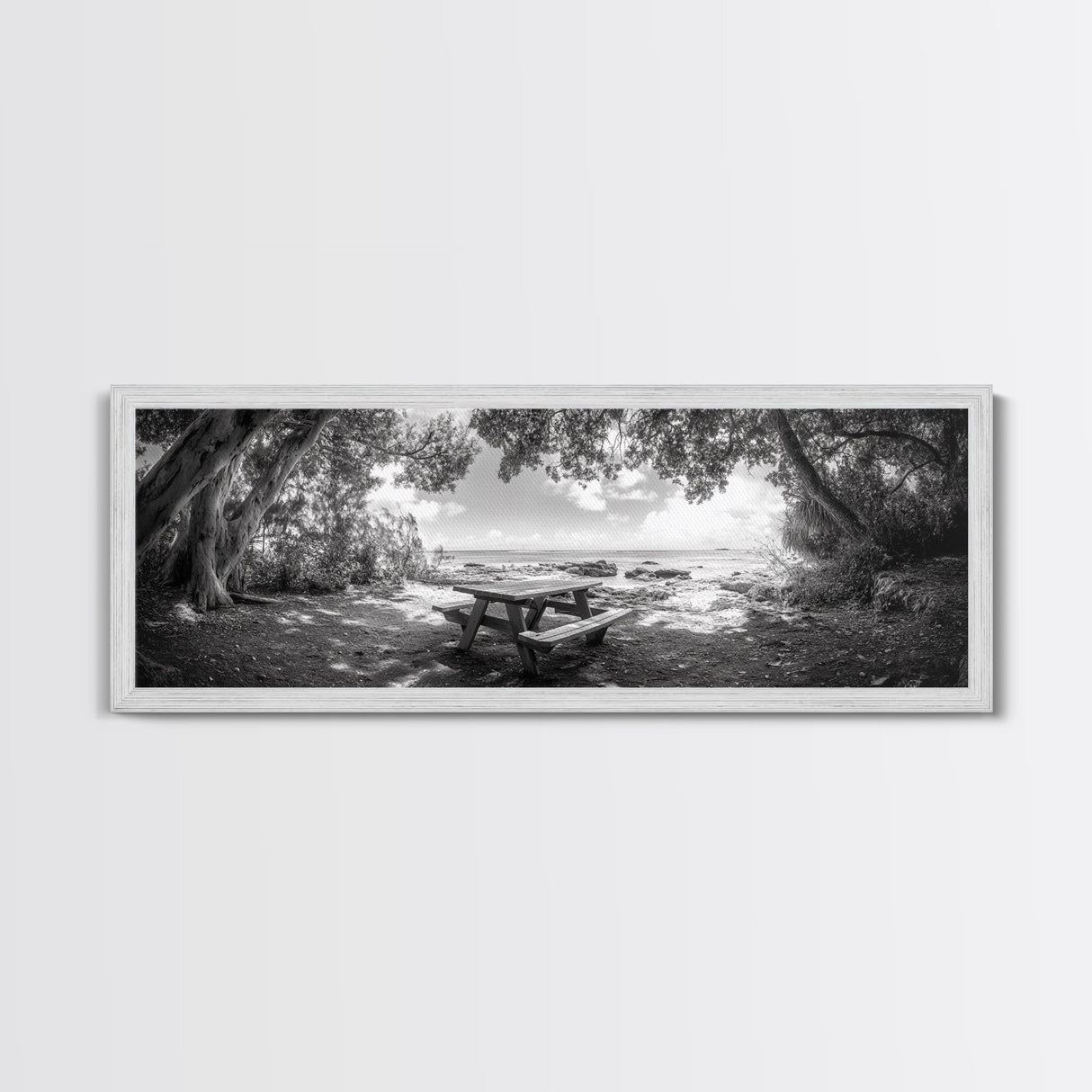 Secluded Picnic Spot, Ocean View, Tranquil Escape, Nature Sanctuary Art, Framed Canvas Print, Kitchen Wall Decor, Coastal Forest Vibe