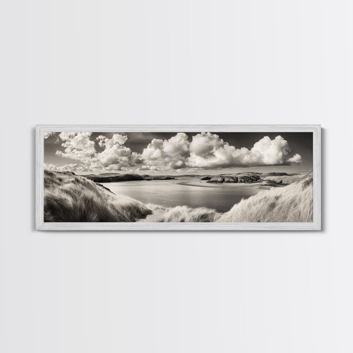Misty Lake, Peaceful Shore, Cloud Reflections, Canvas Print, Black and White Nature Art, Coastal Landscape, Bedroom Wall Art, Minimalist Decor