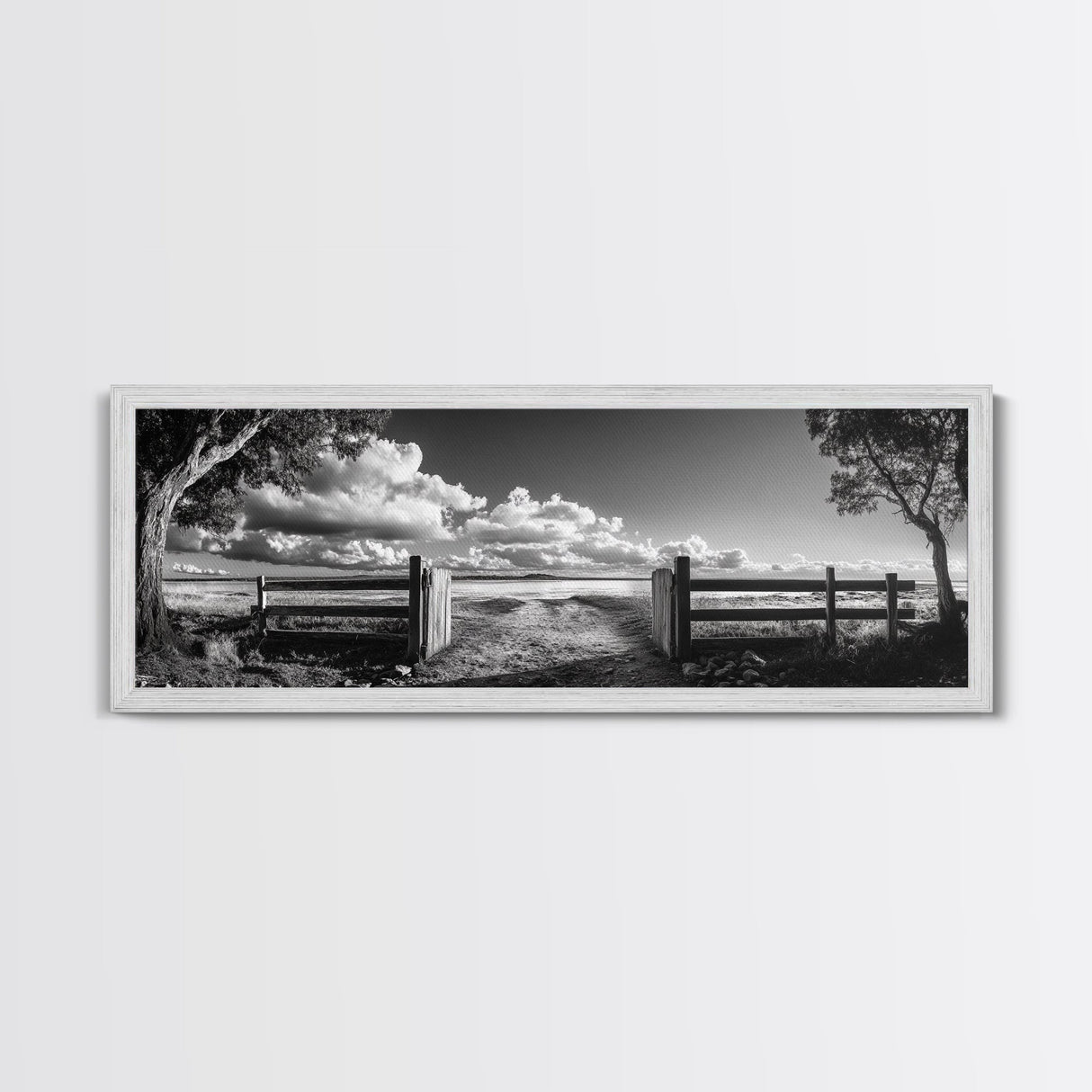 Wooden Fence, Open Field, Cloud Horizon, Framed Canvas Print, Country Landscape Photography, Entryway Wall Art, Farmhouse Autumn Decor
