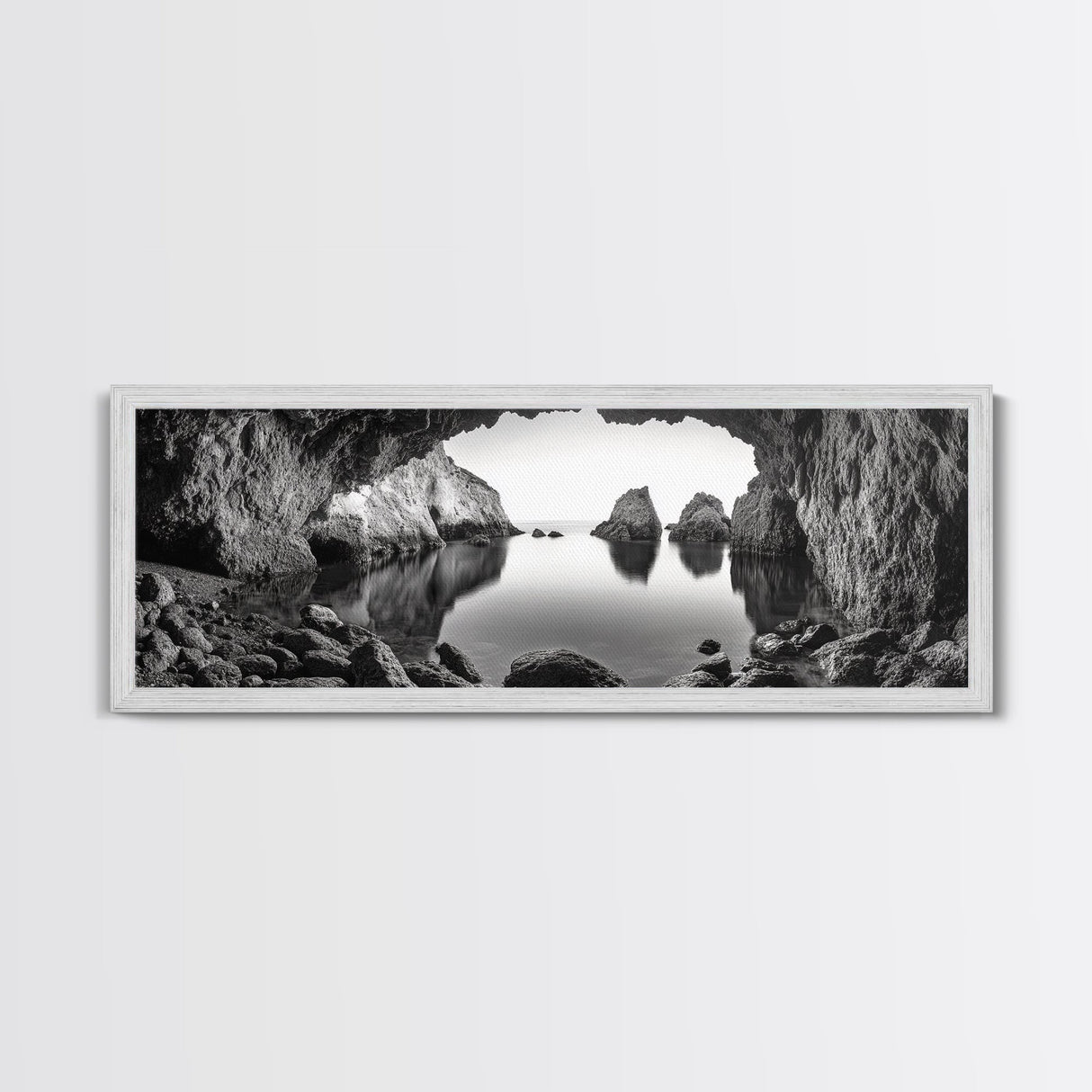 Sea Cave View, Ocean Reflections, Nature Escape, Framed Canvas Print, Beach House Wall Art, Zen Decor, Black and White Coastal Style
