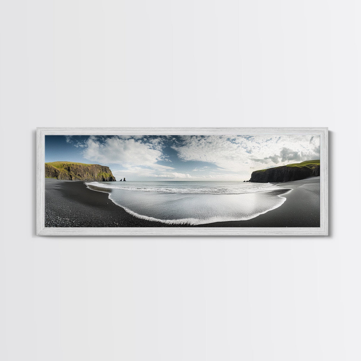 Black Sand Beach, Coastal Cliffs, Ocean Horizon, Icelandic Shore, Framed Canvas Print, Living Room Wall Art, Travel Landscape, Nature Decor