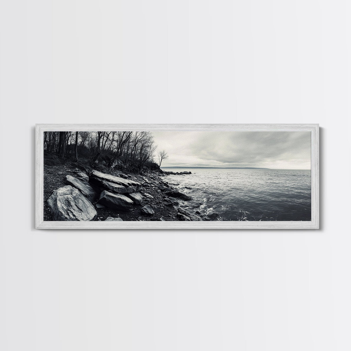 Misty Coast, Rocky Shore, Moody Seascape, Framed Canvas Print, Coastal Wall Art, Nature Photography, Rustic Bedroom Decor, Cabin Style