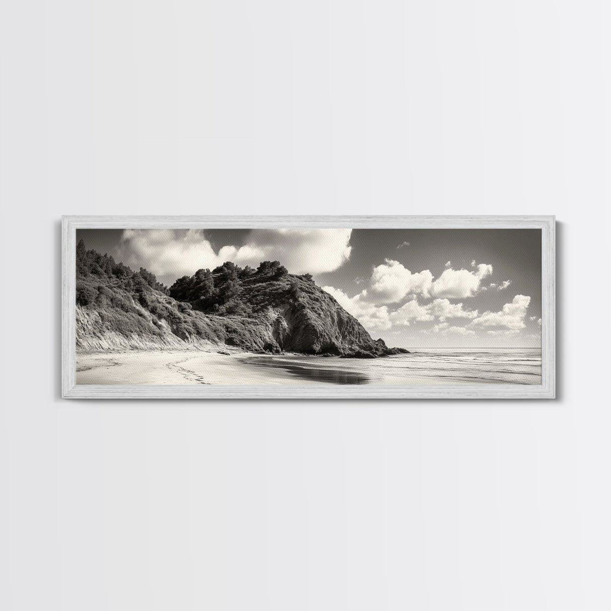 Seaside Cliff, Pine Hills, Sandy Beach, Canvas Print, Coastal Landscape Art, Modern Nature Decor, Beach House Living Room Style