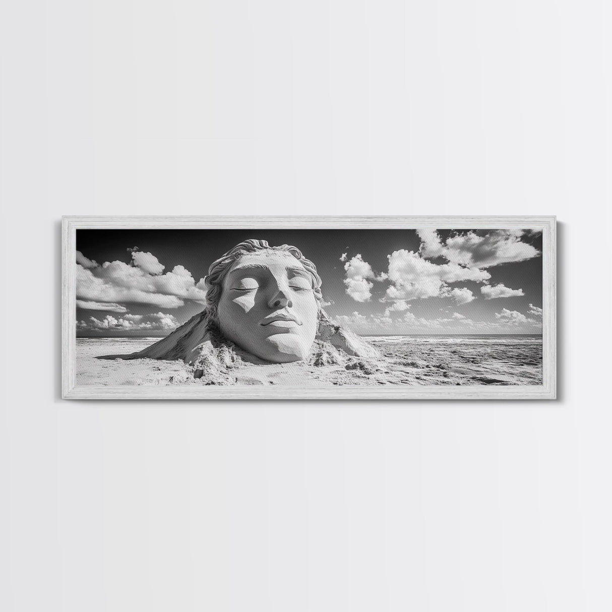 Sand Sculpture Head, Beach Goddess, Coastal Calm, Surreal Beauty, Framed Canvas Print, Modern Wall Art, Living Room Decor, Minimalist Art