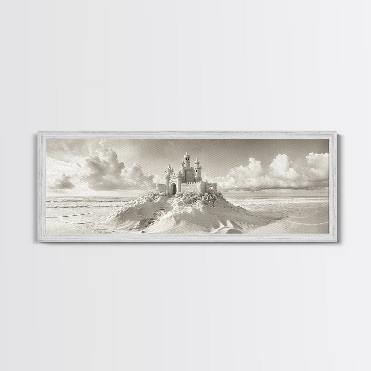 Fantasy Sand Castle, Seaside Kingdom, Dreamy Beach Scene, Magical Vibes, Framed Canvas Print, Kids Room Art, Whimsical Decor, Coastal Theme