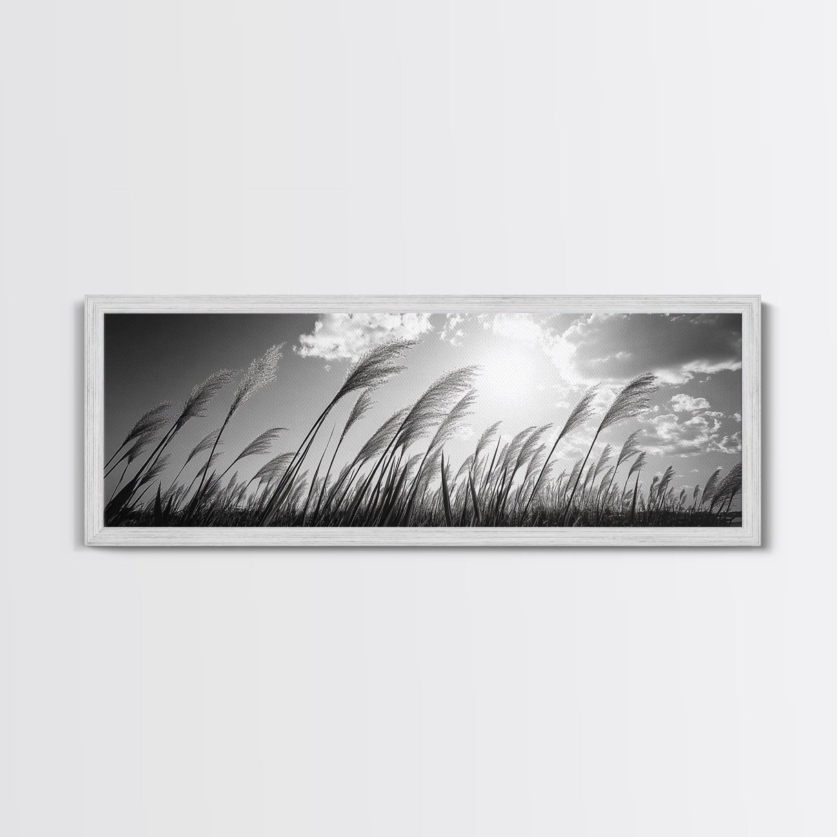 Windy Grass Field, Sunlit Sky, Nature Movement, Prairie Glow, Framed Canvas Print, Fall Wall Art, Living Room Decor, Boho Rustic Aesthetic