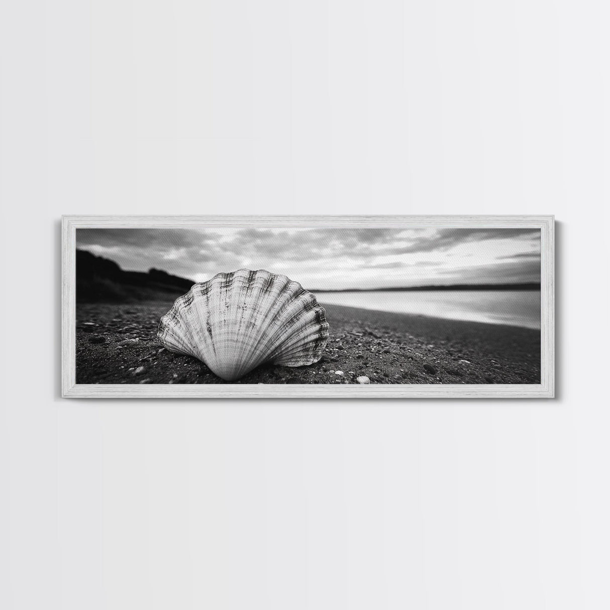 Shell on Shore, Monochrome Coastal, Canvas Print, Boho Wall Art, Bathroom Wall Decor, Natural Beach Aesthetic, Ocean Inspired Art