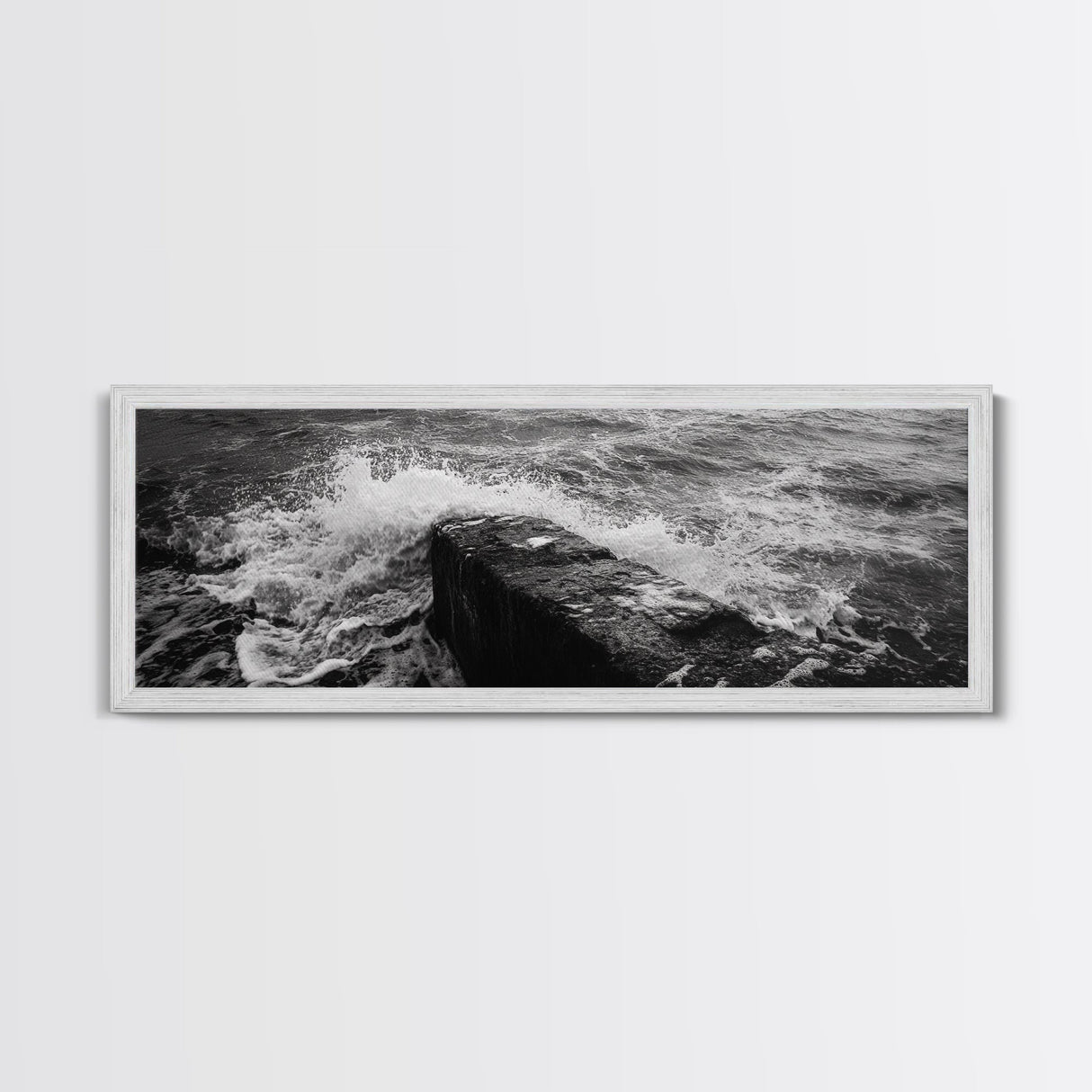 Crashing Waves Rock, Coastal Seascape, Ocean Photography, Black White Art, Framed Canvas Print, Nautical Bathroom Wall Decor