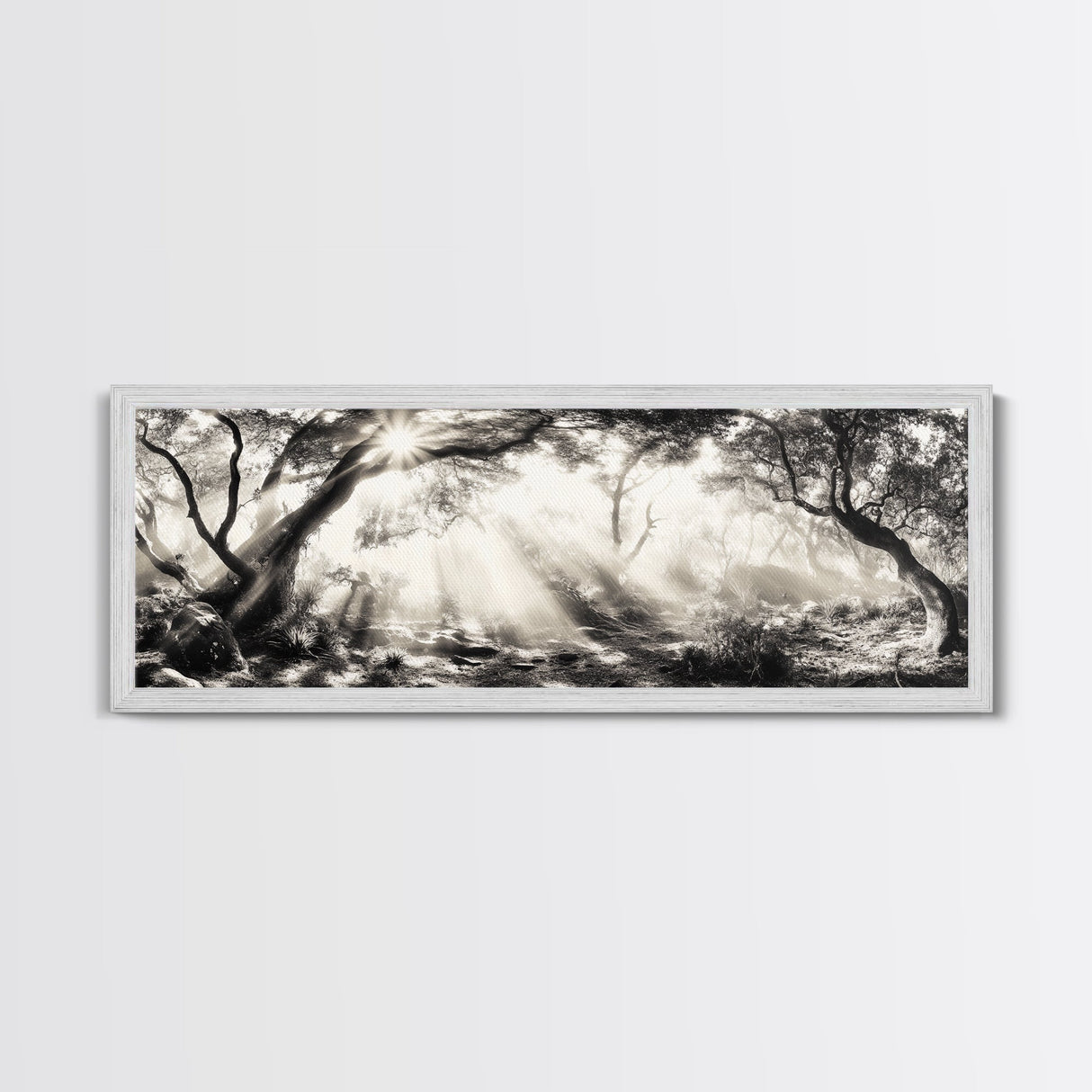 Enchanted Forest, Sunlight Rays, Dreamy Woodland, Framed Canvas Print, boho nature decor, spiritual wall art, bedroom forest scene