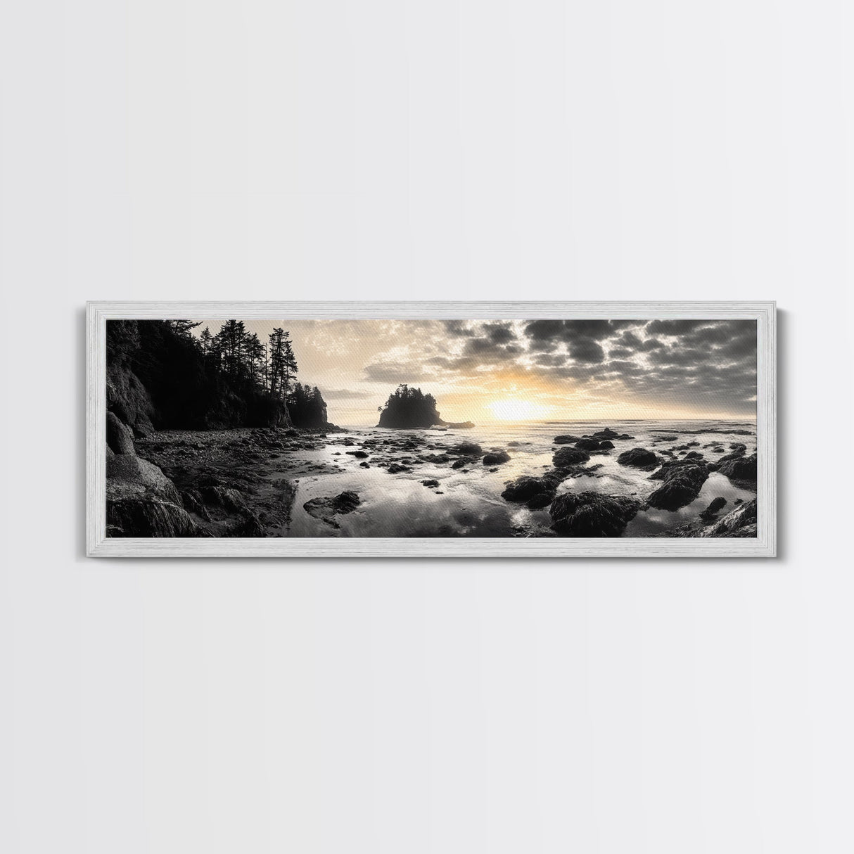Sunset Shoreline, Moody Rocks, Forested Coast, Framed Canvas Print, nature lover gift, fall coastal art, rustic bathroom wall decor