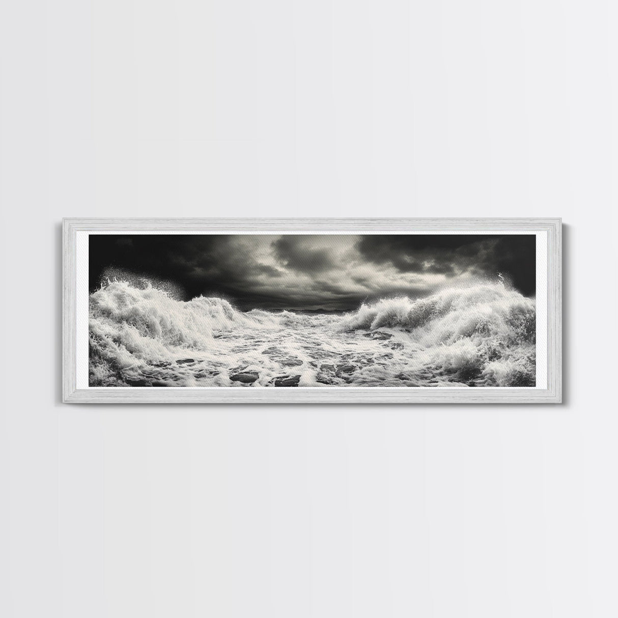 Storm Waves, Moody Sea, Ocean Power, Canvas Print, dramatic bathroom wall art, black and white seascape, coastal energy room decor