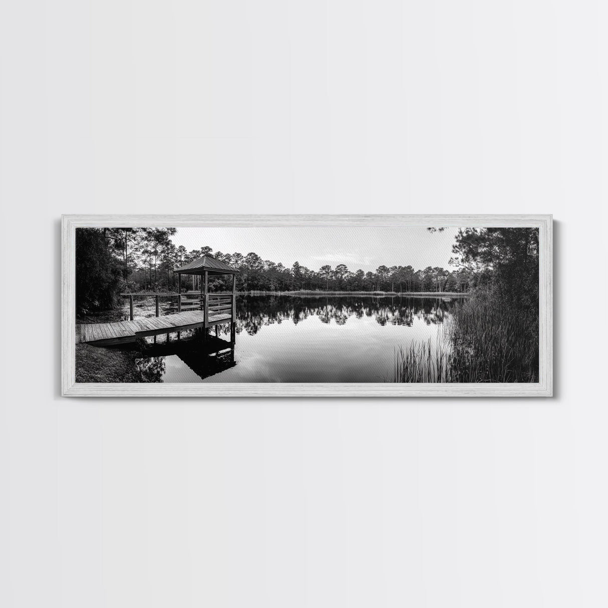 Still Lake Dock, Nature Reflections, Tranquil Scene, Canvas Print, Rustic Landscape Photography, Farmhouse Wall Art, Entryway Decor