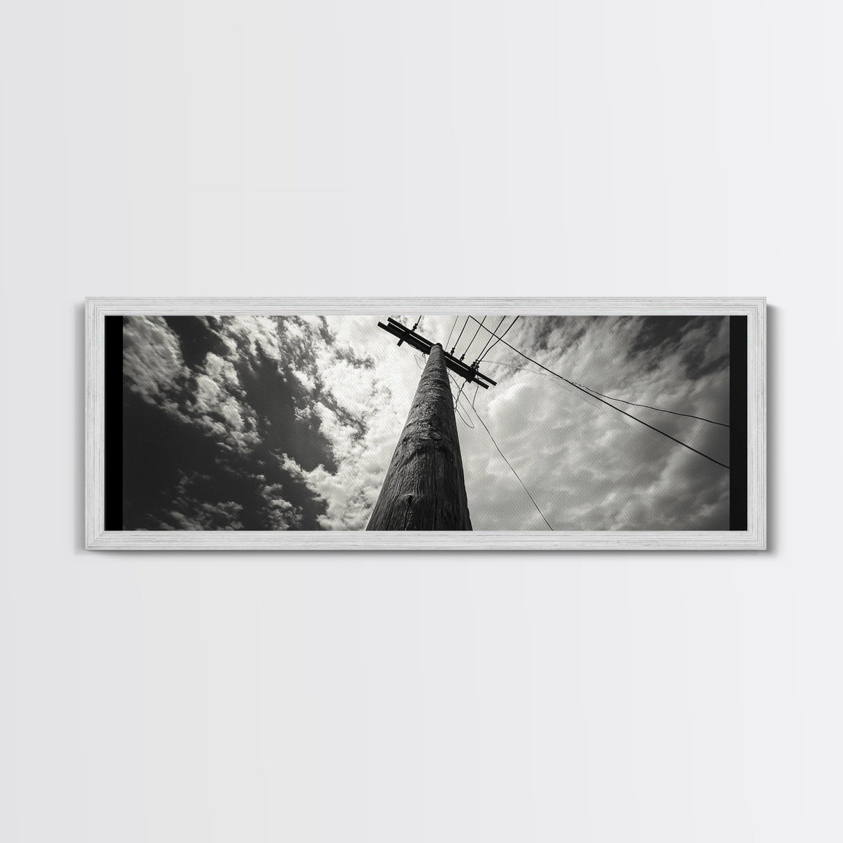Utility Pole Sky, Urban Minimalism, Power Lines, Framed Canvas Print, Industrial Wall Art, Office Decor, Monochrome Photography